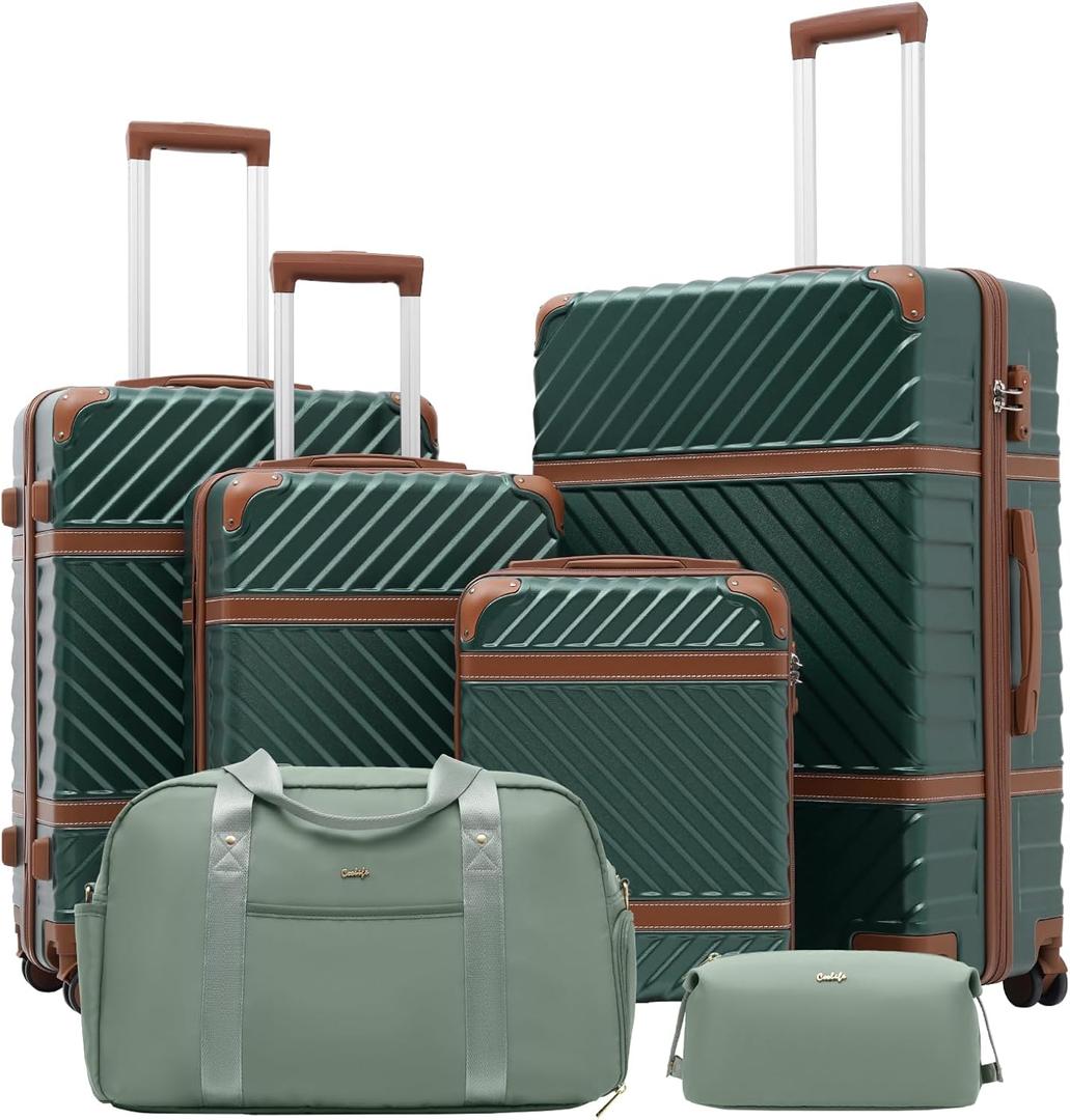Coolife Luggage Set Suitcase Carry On Luggage PC Hardshell Luggage TSA Lock Spinner Wheels Telescopic Handle (6 piece set, Dark Green)
