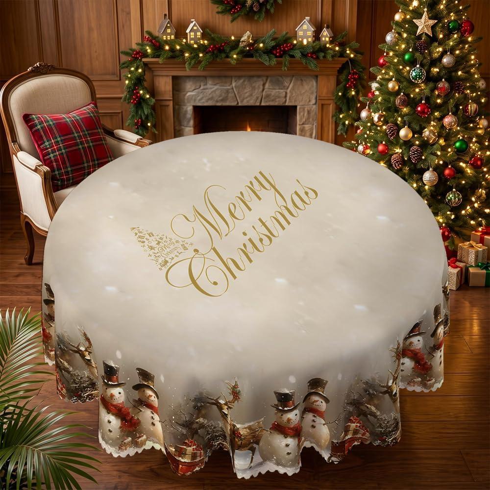 60 Inch Round Christmas Tablecloth, Snowman Holiday Table Cover