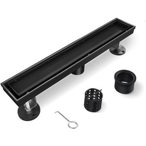 Shower Drain, 12 Inch Black Linear Shower Drain with Removable Tile Insert Grate, 2 in 1 Bathroom Modern 304 Stainless Steel Matte Black Shower Floor Drain with Adjustable Feet, Hair Filter