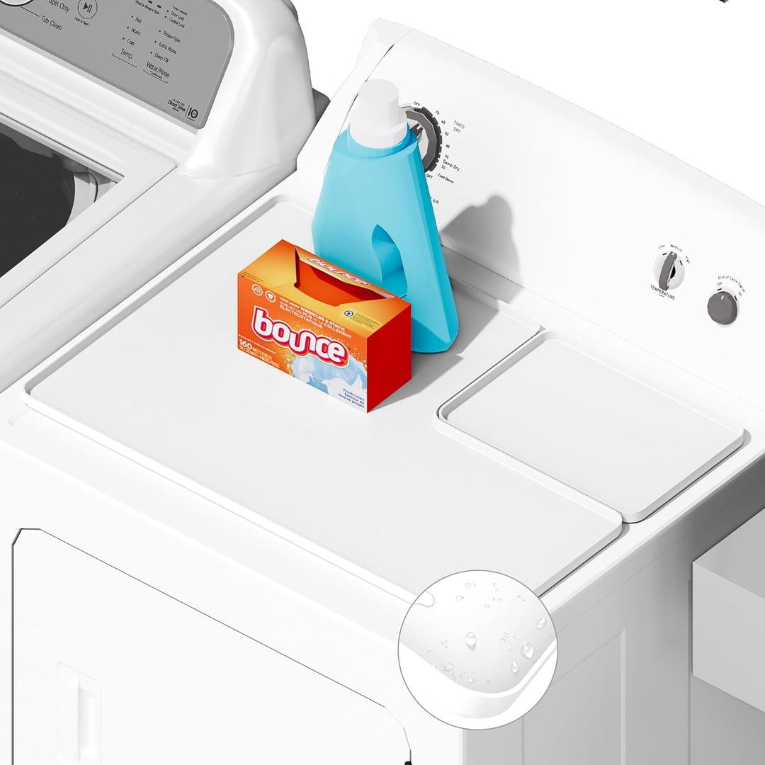 SEIRI 1pcs Dryer Top Protector Mat with Lint Trap Hole Cut Out Set, 26" x 18" Silicone Dryer Top Protector Mat Non-Slip Waterproof Laundry Dryer Cover for The Top (White)