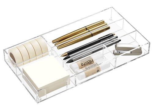 HBlife Acrylic Desk Drawer Organizer Tray with 6 Compartments, Small Clear Office Drawer Organizers and Accessories for Pens, Pencil, Makeup, Desktop, Bathroom and Kitchen, 11.65 x 6.1 x 1.38 Inch