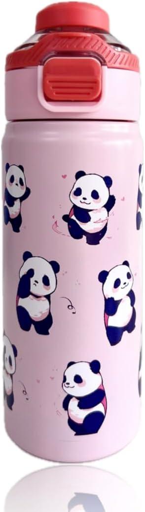 CoPlanaire Panda Stainless Steel Water Bottle with Flip Top 17oz Double Insulated Reusable Drinking Bottle for School, Gym and Workout (Pink)