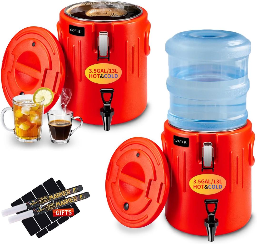 2 Pack Hot Drink Dispenser 3.5 Gallon - Insulated Beverage Dispenser with Leakproof Spigot 304 Stainless Steel Interior Hot Water Dispenser - Portable Cold Water Jug for Outdoor Camping and Party (Red)