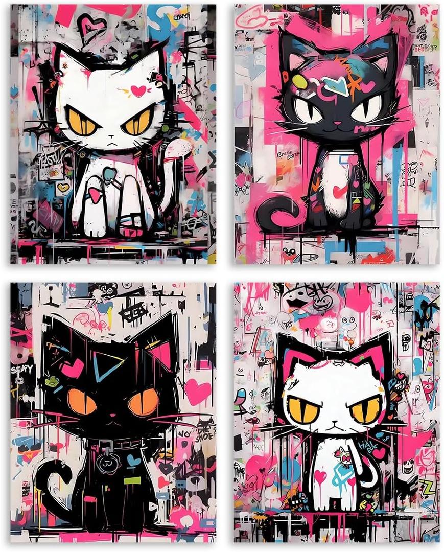 Cat Posters Graffiti Wall Art Canvas Prints,Funny Bathroom Art Decor Girls Bedroom Anime Wall Decor Set of 4 (8"x10",Unframed).