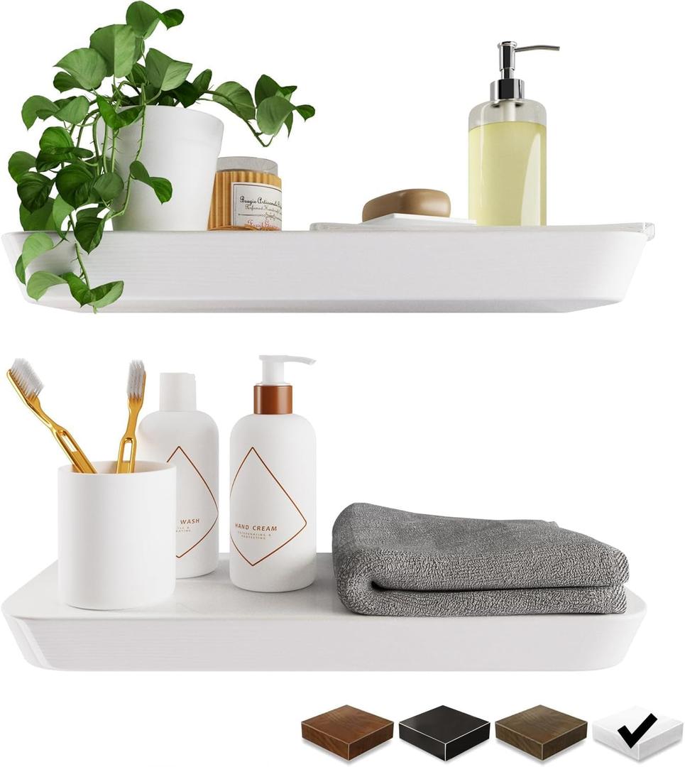 Wood White Floating Shelves for Wall 16 Inch (Set of 2) - White Bathroom Shelves - Small Wall Mounted Shelf for Bedroom Kitchen Living Room - 8 inch Deep Heavy Duty Floating Wood Shelves (Satin White, Glossy)