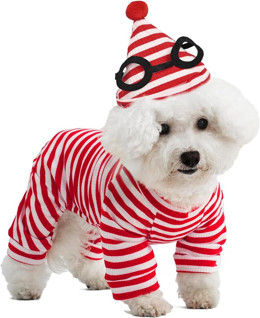 Red and White Striped Dog Halloween Costumes 2 Pcs Puppy Jumpsuit with Hat for Halloween Party (Red and White, Medium)