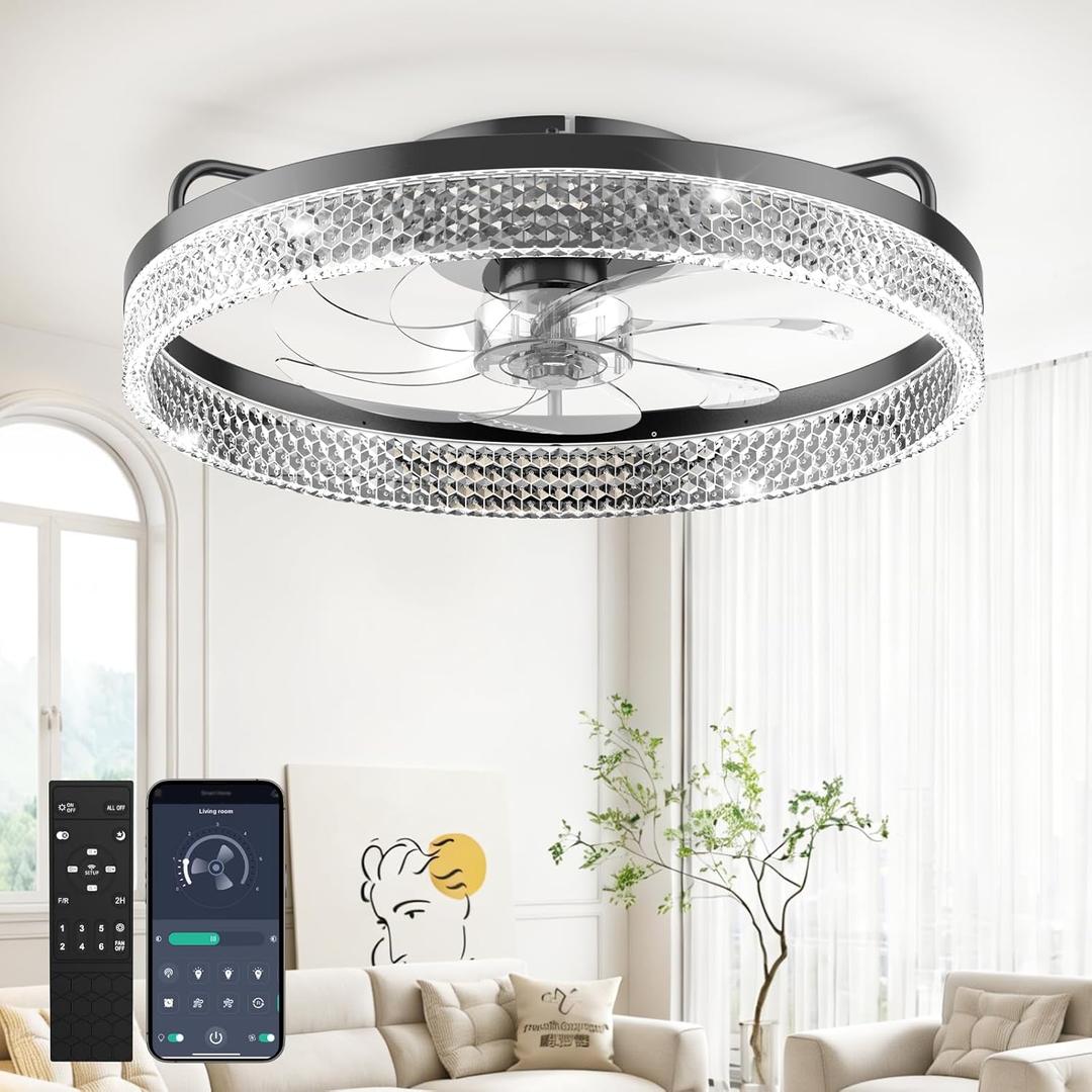 Franjulia Ceiling Fans with Lights and Remote, 20'' Low Profile Ceiling Fan, 30006500K Dimmable Modern Flush Mount LED Fan Light, 6 Wind Speeds, Ceiling Fans for Bedroom Black