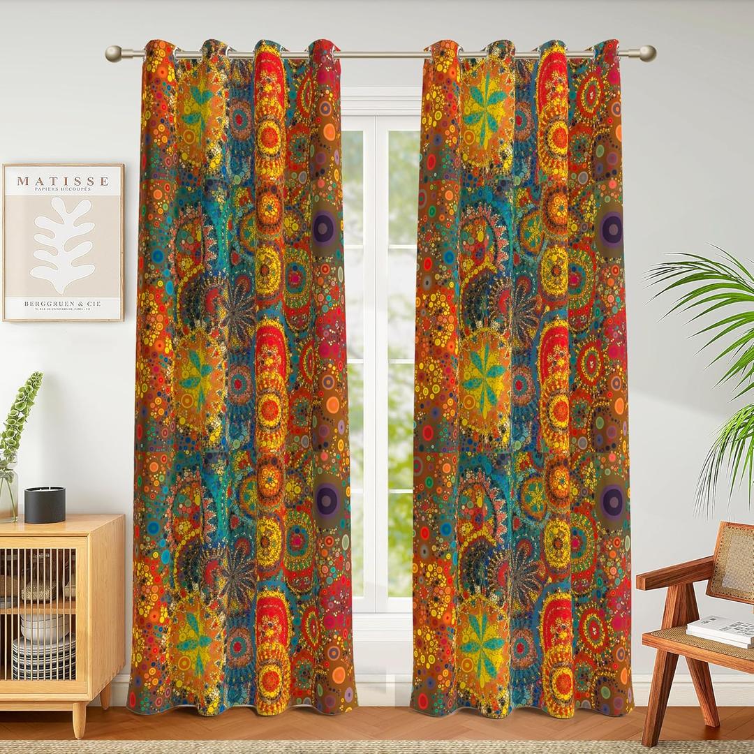 Weesire Boho Blackout Curtains for Bedroom & Living Room, 2 Panels, 100% Blackout, Colorful Bohemian Hippie Pattern, Multicolor Funky Abstract, Classic Modern Rustic, 52x63 Inches