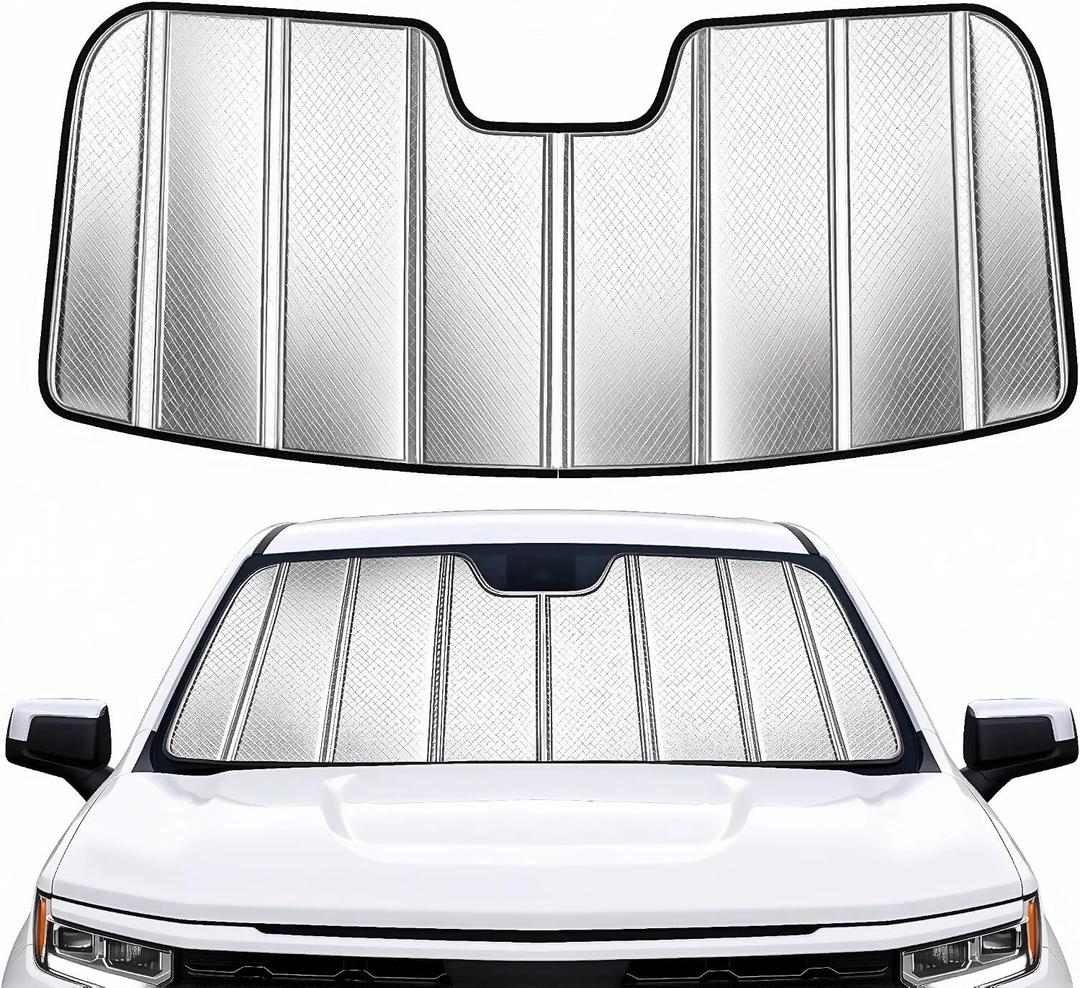 Custom Fit Windshield Sun Shade for Silverado/Sierra 1500/2500/3500/Suburban/Tahoe/Yukon/XL 2007-2014, Foldable 3-Layer High Reflective Silver Sunshade, Blocks UV Rays & Reduces Cabin Heat