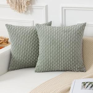 Kevin Textile Throw Pillow Covers Soft Corduroy Decorative Set of 2 Boho Striped Pillow Covers Pillowcases Farmhouse Home Decor for Couch Bed Sofa Living Room 24x24 Inch Greyish Green