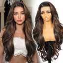 Brown Highlight Synthetic Lace Front Wig,136 Body Wave HD Lace Glueless Wigs for Women Natural Daily Use 28IN