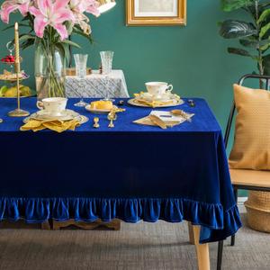 GLORY SEASON Velvet Tablecloth Luxurious Solid Rectangle Table Cloth,Oblong Retro Farmhouse Ruffle Tablecloths Washable Table Cover for Party Wedding Baby Shower Kitchen Dinning Tabletop Decoration, 102" x 60" (Rectangular), Sapphire Blue