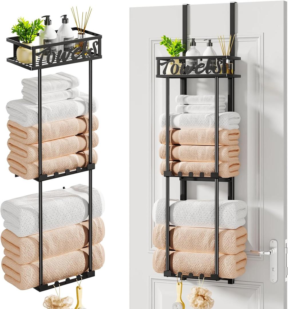 HapiRm Towel Rack Bathroom Storage - 3 Tier Over The Door & Wall Mounted Rolled Towel Racks Holder Organizer with Metal Shelf and 6 Hooks for Small Bathroom, Camper, Rv - Black (for 1.77 in Doors)