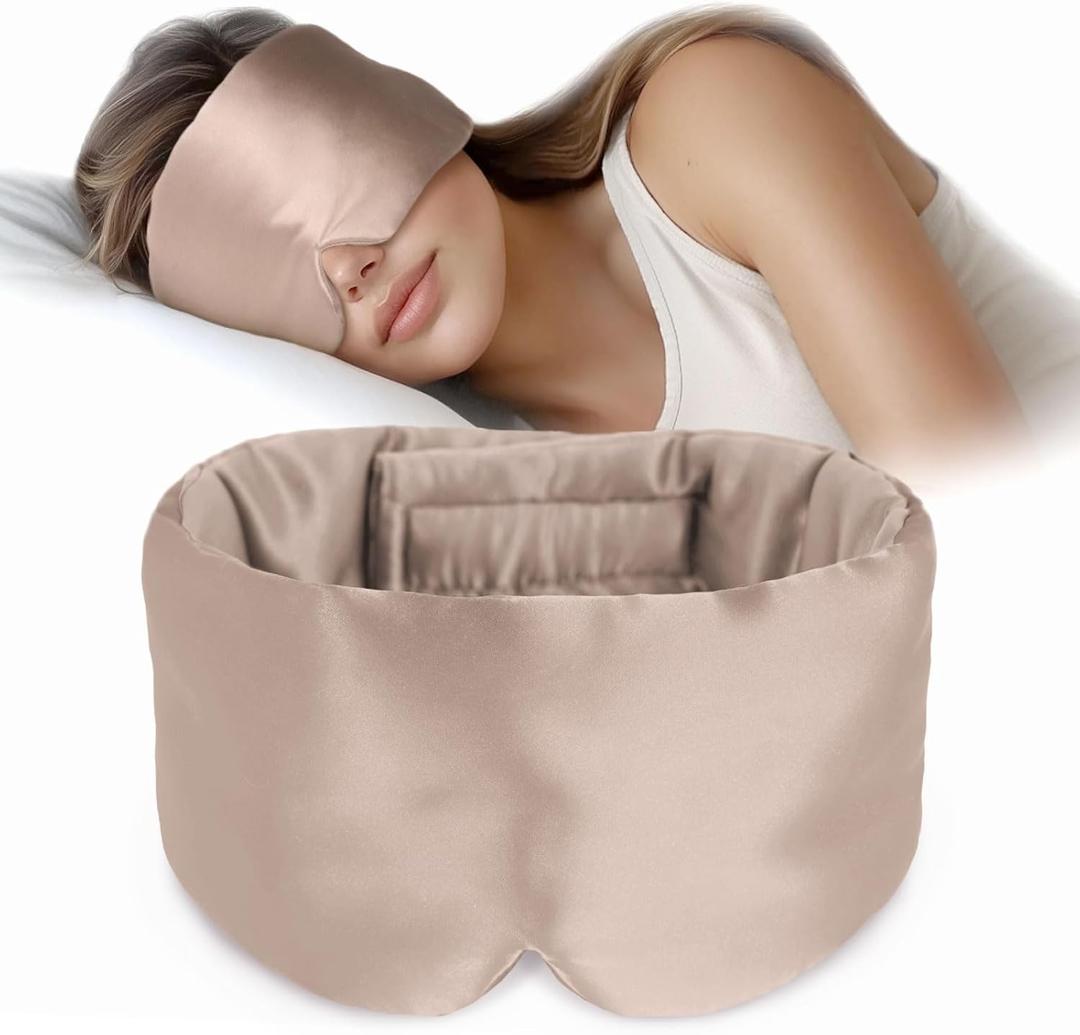 Silk Sleep Mask Soft Pressureless: 100% Mulberry Silk for Eye Skin Anti Wrinkles, Large Size for Total Blackout, Adjustable Wide Velcro Ear Cover (Camel)