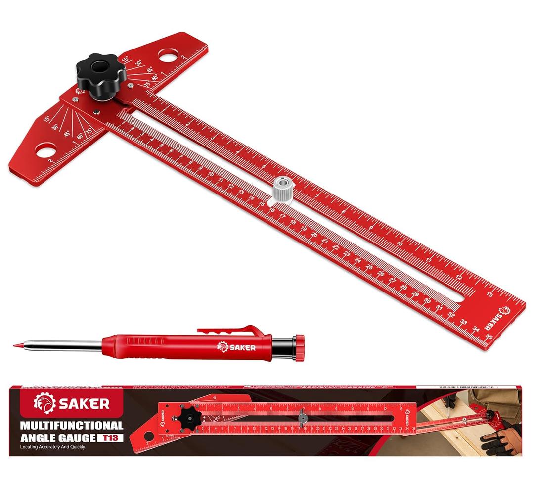 Saker Woodworking Scriber Marking Line Ruler, Adjustable Aluminum Alloy Sliding T-Square Ruler,Precision Line Drawing aid Ruler with Angle Adjustment Scale (Red)