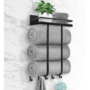 Towel Racks for Bathroom, Towel Rack Wall Mounted with Metal Shelf and 5 Hooks for Small Bathroom, Towel Holder for Bathroom, Bath Towel Storage for Rolled Towels Organizer, Black