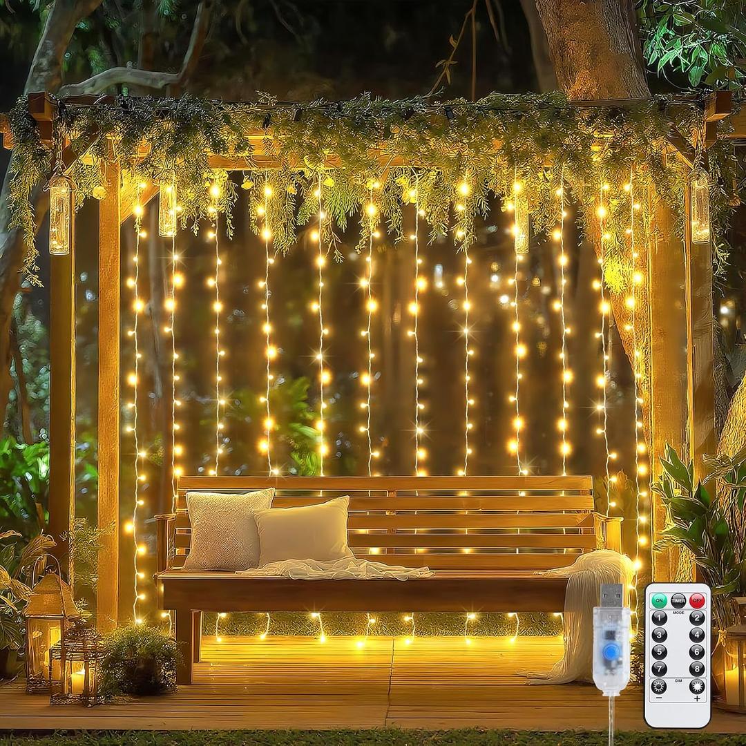 JMEXSUSS 200 LED Christmas Curtain Lights for Bedroom, Warm White Hanging Curtain String Lights Indoor, USB Plug in Christmas Twinkle Lights with Remote for Wall Backdrop Wedding Party Decor