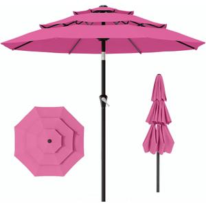 AreShark 9ft 3-Tier Patio Umbrellas, Outdoor Umbrella with 8 Sturdy Ribs UV Protection Windproof, Market Table Umbrella w/Push Button Tilt & Crank for Pool, Porch, Deck, Garden(Rose Pink)