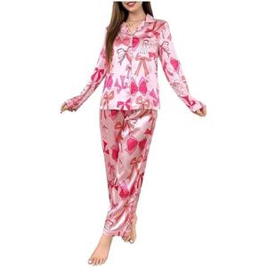 WDIRARA Women's 2 Piece Satin Sleepwear Flamingo Animal Print Button Down Shirt and Pants Pajama Set, Size: XL