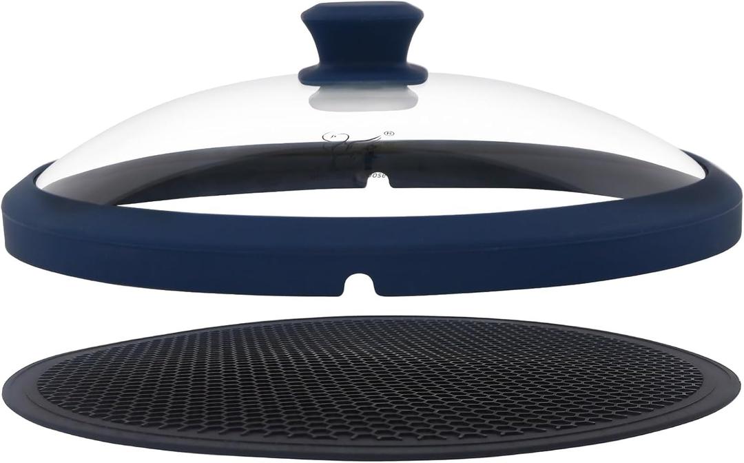 Glass Microwave Cover for Food 10.5 Inch Microwave Splatter Cover With Easy Grip Meteorite Shape Handle Microwave Cover Glass Guard Lid Vented Edge Plate Cover for Heating Food (Dark Blue)