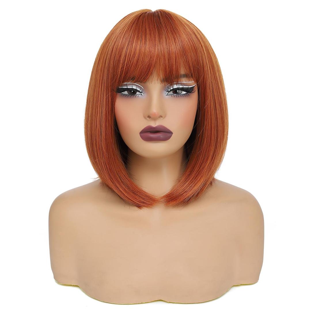 Ginger Bob Wig with Bangs for Women Short Orange Wigs Natural Fashion Synthetic Wig for Daily Halloween Cosplay Colorful Costume Wig Use 12 Inch