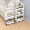 Sooyee 3 Tier Rolling Cart with Wheels, Slim Storage Cart, Under Desk Narrow Rolling Utility Cart Storage Organizer for Office Bathroom Kitchen Laundry Room Narrow Places, White, Plastic and Metal