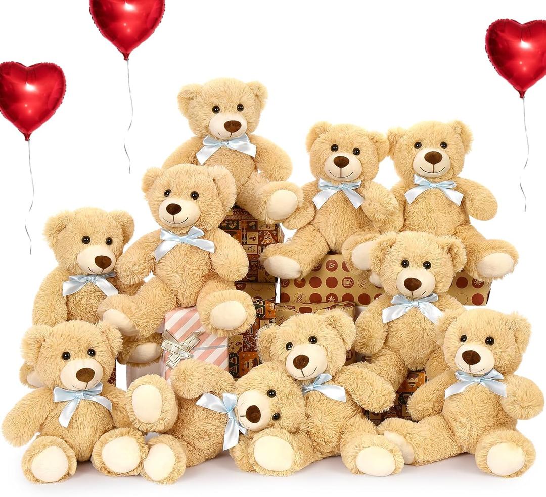 MorisMos Bulk Teddy Bear for Baby Shower,10-Pack Valentine's Teddy Bear Stuffed Animals Bulk,14in Eddy Bear Plush Toy,Soft Centerpiece Decoration Stuffed Animal Wholesale for Birthday Christmas,Brown