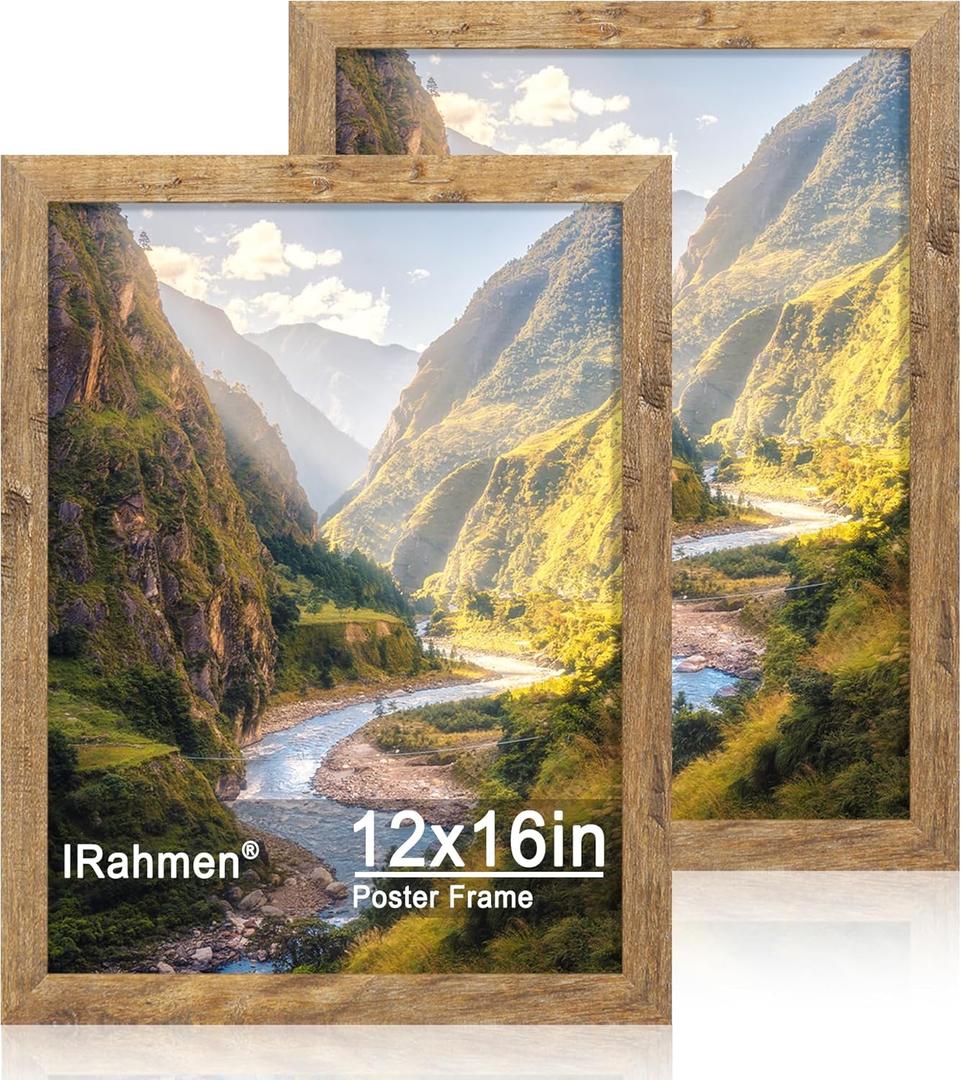 12x16 Picture Frame Set of 2 with Plexiglass, Rustic Brown Wood Poster Frames 12 x 16 for Photo Wall Gallery Mounting Horizontal and Vertical