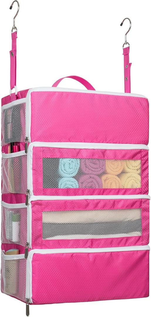 Suitcase Organizer, Travel Luggage Organizer Hanging Shelves Packing Cube Closet/Collapsible Portable Travel Organizer for Carry-on (Large, Pink-L-4 Tier)