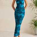 PRETTYGARDEN Wedding Guest Dresses for Women Summer 2026 One Shoulder Ruched Mesh Bodycon Cocktail Beach Floral Maxi Dress (Blue, S)