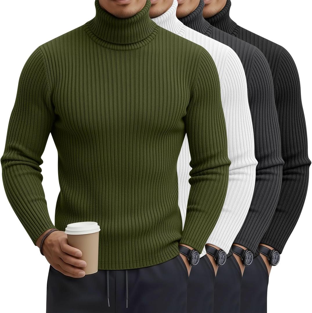 4 Pack Men's Big and Tall Turtleneck Shirts, Cotton Ribbed Long Sleeve Slim Fit Mock Neck Light Pullover Sweaters (XX-Large, Army Green, White, Dark Gray, Black)