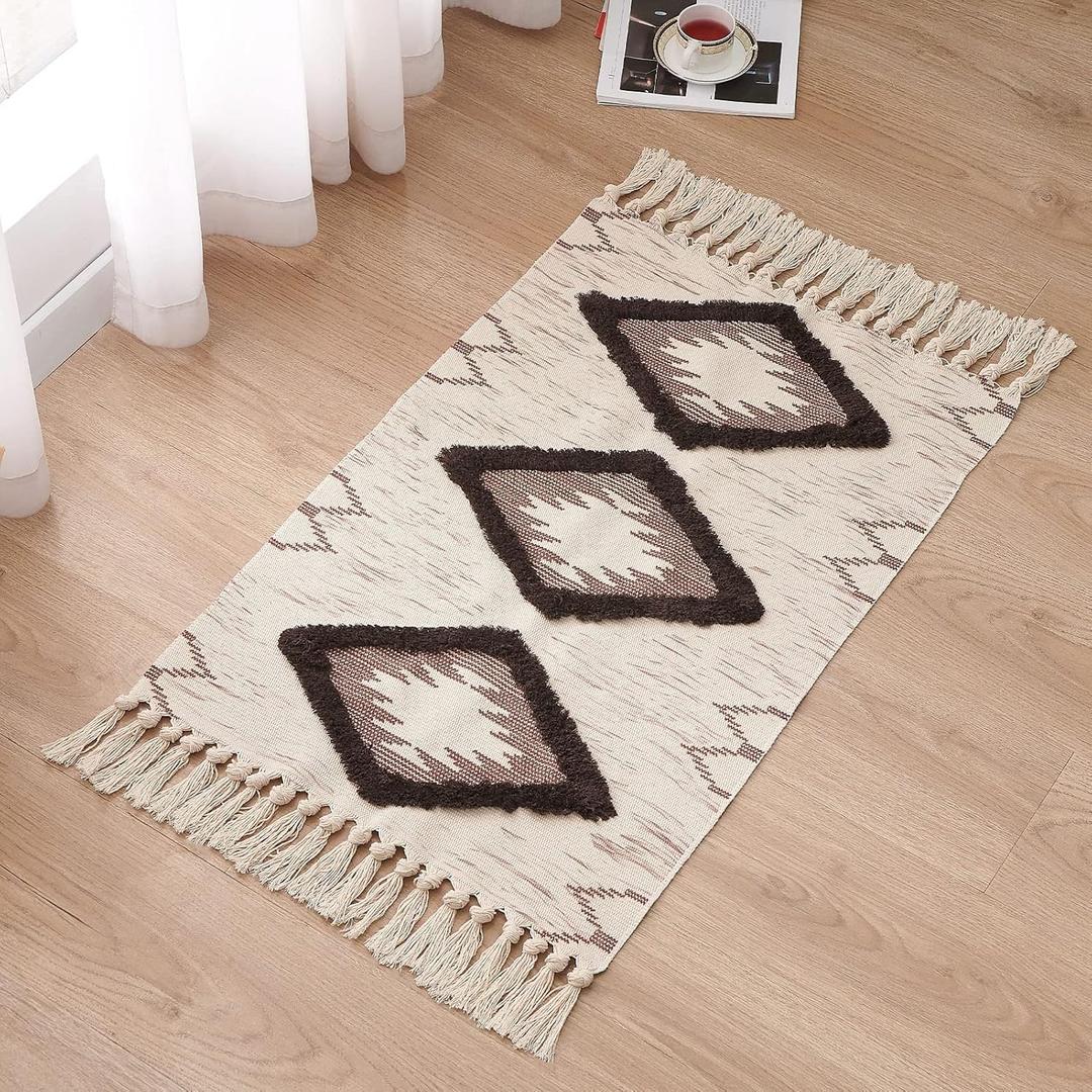 Boho Bathroom Rugs 2x3ft Farmhouse Bath Runner Rug, Small Tufted Cotton Accent Floor Mat with Tassels, Brown