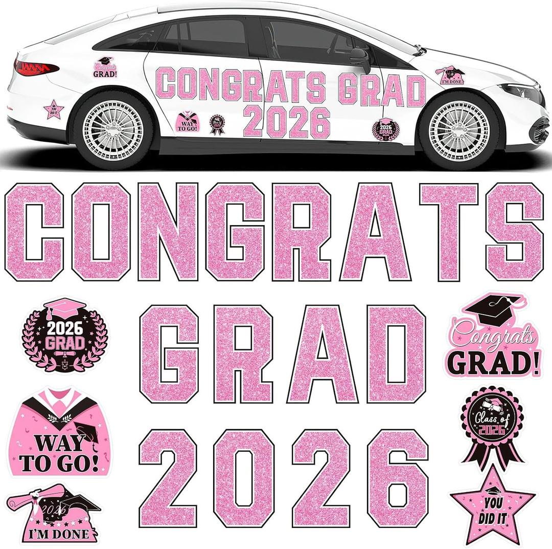 JULMELON 2026 Graduation Car Decorations, 22 Pcs Magnetic Graduation Decor Set for Car Parade Party Celebration (Pink)