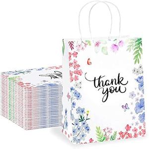 Purple Q Crafts Thank You Gift Bags 25 Pack 8" X 4" X 10" Small Paper Bags With Handles Floral Design Thank You Bags For Business, Boutique, Gifts, Wedding Favors