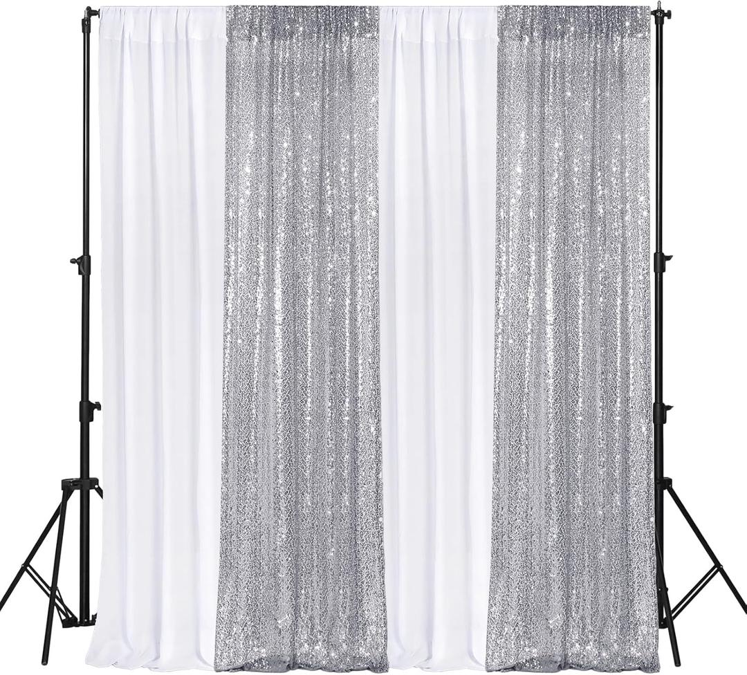 VitalCozy 4 Panels Backdrop Curtains 2 Pcs 4 x 10 ft Sequin Glitter 2 Pcs 7 x 10 ft Chiffon Photo Background Curtains for Graduation Wedding Birthday Party Decorations(White, Silver)
