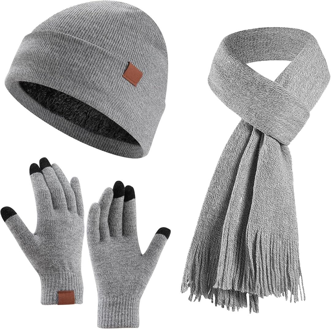 Women's Winter Beanie Hat Scarf Gloves Set, Warm Fleece Interior Knit Hat with Long Scarf Touchscreen Gloves 3 in 1 Set