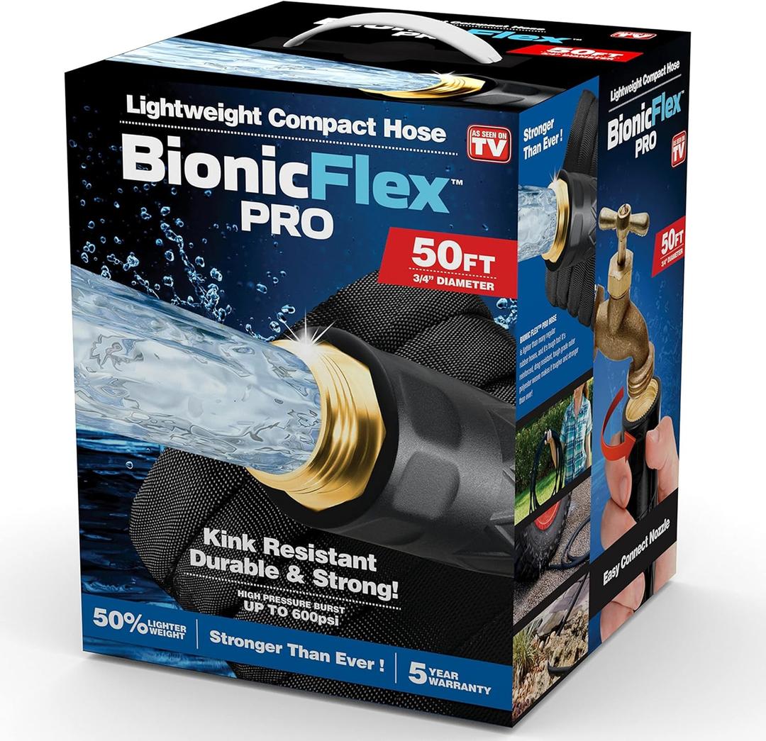 Bionic Flex PRO 50’ Garden Hose, Heavy Duty & Lightweight Weatherproof Garden Water Hose with Brass Fittings & Adjustable Brass Spraying & Shooting Nozzle, 500 PSI Tear Resistant, Kink Free Hose
