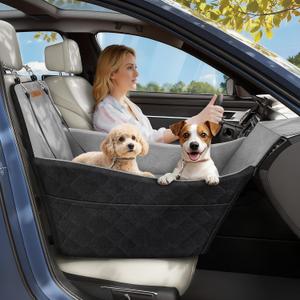 Elevated Dog Car Seat, Dog Booster Car Seats for Small & Medium Breeds Up to 35lbs, Fully Detachable and Washable, Soft Foam Pet Carseat with 2 Storage Pockets & 3 Safety Belts, Black & Gray