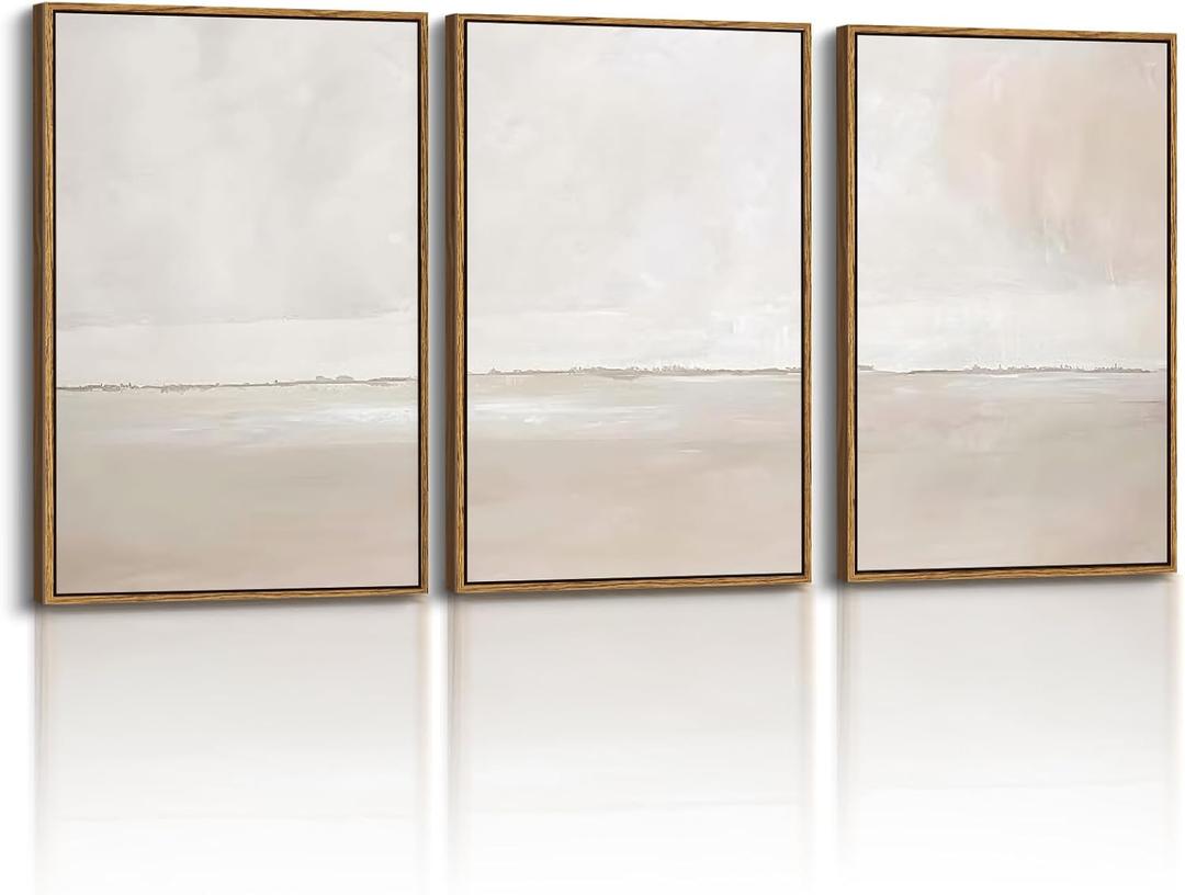 InSimSea 3 Pcs Framed Canvas Wall Art, Living Room Neutral Abstract Art, Bedroom Wall Decor Above Bed, Modern Beige Earthy Decor, 16x24inch, Set of 3