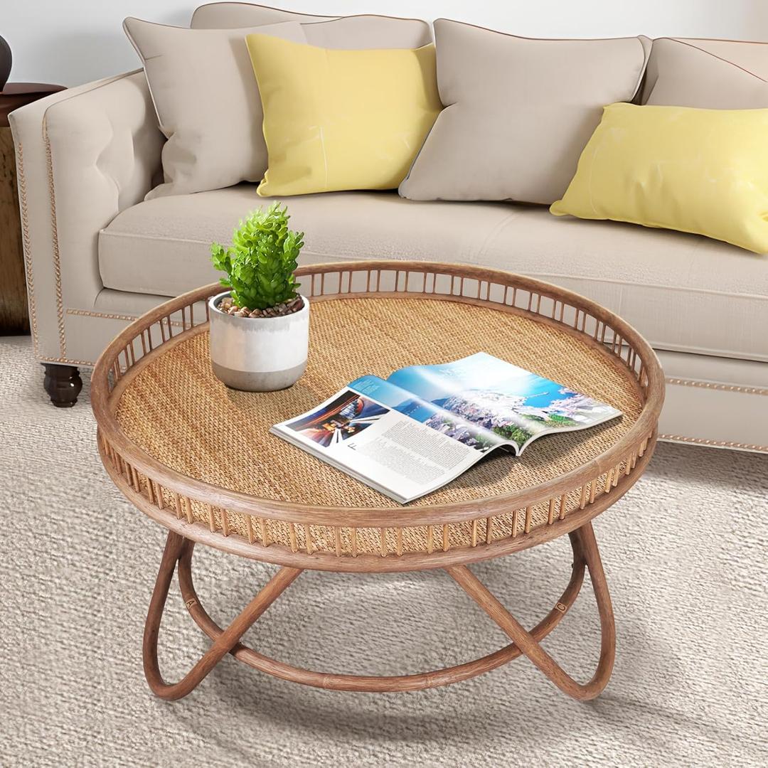 FINECASA Boho Rattan Coffee Table Round, Handwoven Modern Style Round Wicker Coffee Table for Living Room,32x18 '' Brown (Center)