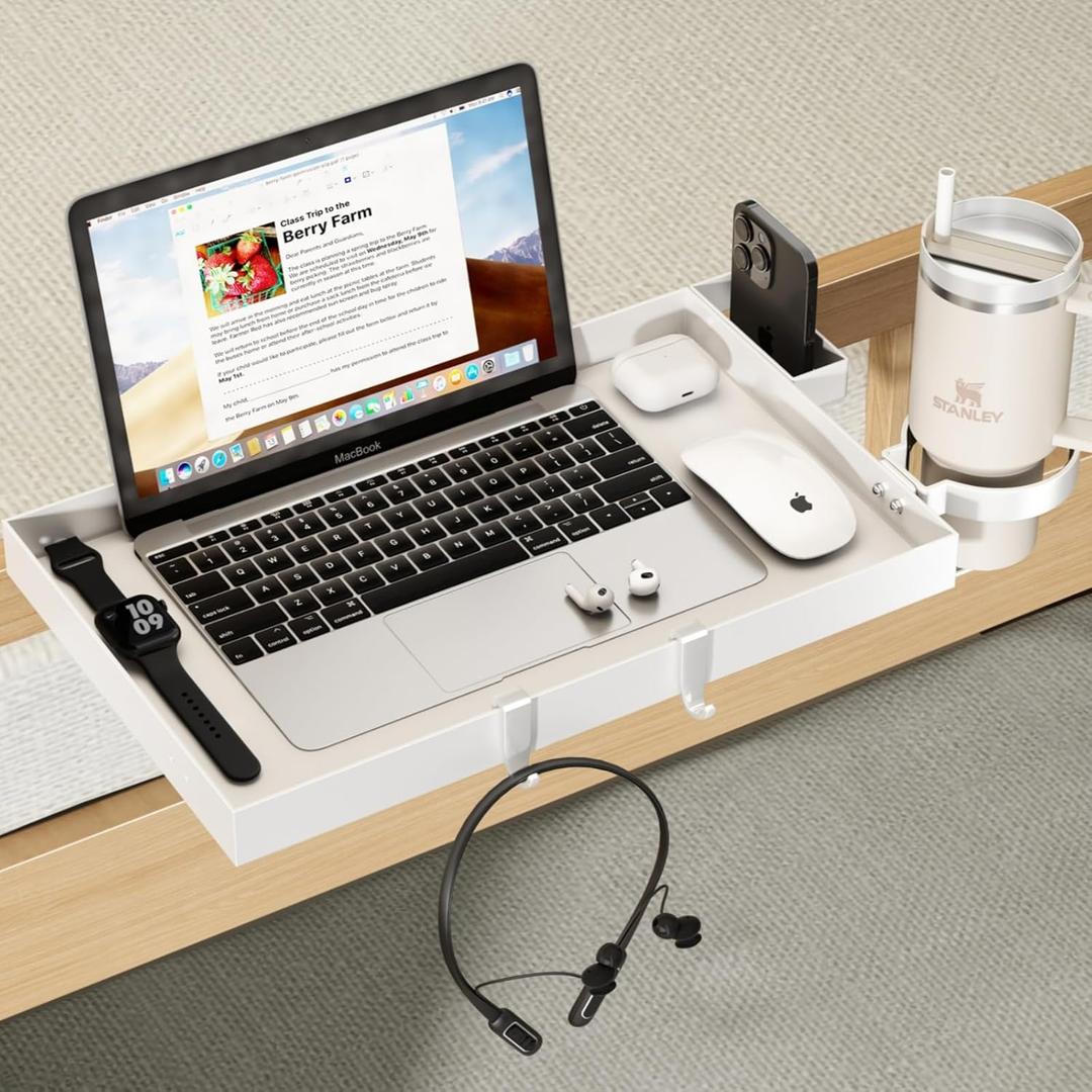 Bedside Shelf Metal,Bunk Bed Table Shelf for Top Bunk Heavy Duty Clip On Bed Side Table Tray for College Dorm Room,Loft Nightstand Organizer Tray with Removable Cup Holder & Phone Holder(White) (14.8" x 9.7" x 1.2")