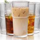 Set of 6 Oversize Ribbed Glassware, 20oz Vintage Clear Glass Tumbler, Large capacity, Origami Style, Fluted Design, Ideal for Water, Iced Coffee, Beer, Tea, Latte, Housewarming Gift (Large)
