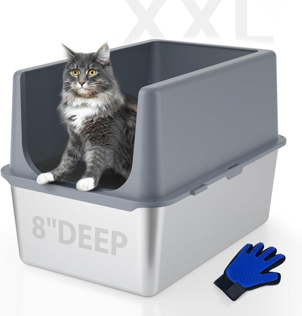 LIHONG Stainless Steel Litter Box with Lid, XL Metal Cat Litter Box for Indoor Cats, Enclosure Cat Litter Pan for Large Cats, Non-Sticky Large Kitty Litter Box, Anti-Leakage, 23.5" X 15.5" X 16" (16"H - Grey)