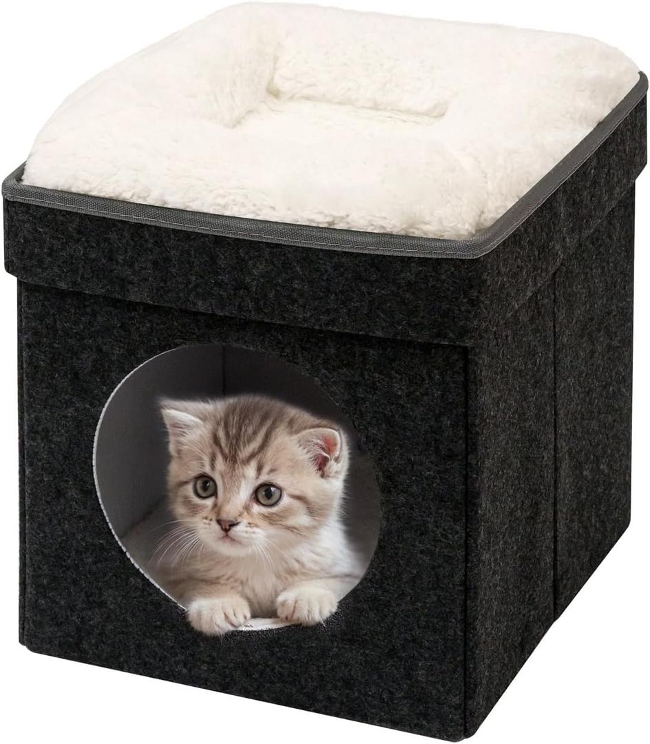 B FSOBEIIALEO Cat House Cube Small Dog Cubes for Indoor Cats Folding Cat Ottoman, Cat Cave, Stackable Cat Condo for Kitten, with Removable Soft Sleeping Bed, Felt and Engineered Wood 12.6"(Dark Grey)
