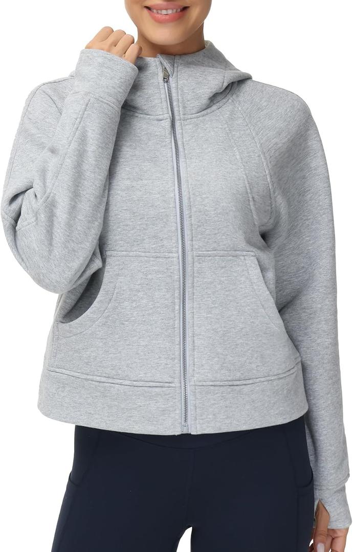 THE GYM PEOPLE Women's Full-Zip Up Hoodies Jacket Fleece Workout Crop Tops Sweatshirts with Pockets Thumb Hole (S)