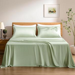 TOSMO Luxury Cooling Sheet Set - 100% Viscose from Bamboo, 4-Piece Bedding Set (Cal King Size) - 18 Extra Deep Pockets, Oeko-Tex Certified, Silky Soft and Breathable, Light Green