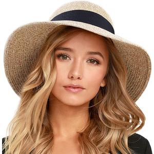 FURTALK Womens Beach Sun Straw Hat UV UPF 80+ Travel Foldable Brim Summer UV Hat (Medium-Large, Mixed Beige)