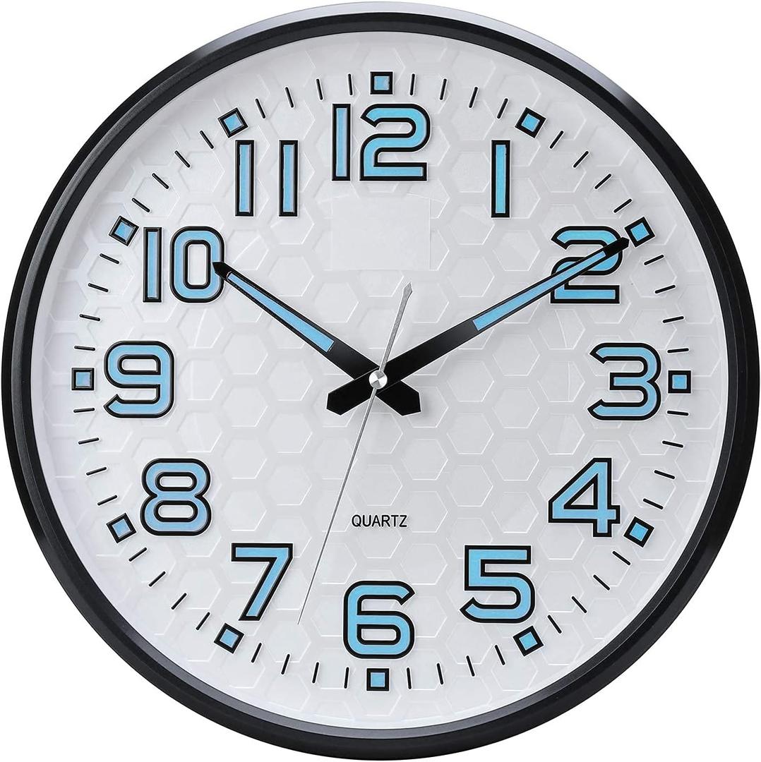 Plumeet Night Light 13'' Bedroom Wall Clocks with Silent Non-Ticking Glowing Function - Battery Operated Decorative Wall Clock for Home, Kitchen, Living Room (Blue Light)