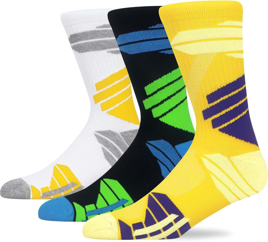 2 x MAKABO Men's Cushioned Athletic Socks 3-Pack, Cushioned Crew Socks with Arch Compression for Sports (5-8, Black/White/Yellow/Multicolor -3m)