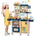 SANDINRAYLI Play Kitchen, Kids Kitchen Playset for Ages 4-8, Toy Pretend Kitchen with Spray Stove, Oven, Sink, Dishwasher, Functional Kitchen for Toddlers 3-5 with Real Sounds and Light, Blue